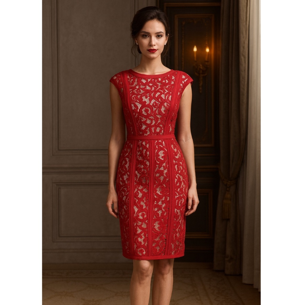 Tadashi Shoji Lace Boatneck Cap Sleeve Cocktail Red Dress, 6‎